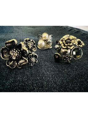 Vintage-Inspired Statement Rings Set With Floral & Pearl Designs Adjustable Size
